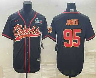 Mens Kansas City Chiefs #95 Chris Jones Black With Super Bowl LVII Patch Cool Base Stitched Baseball Jersey->kansas city chiefs->NFL Jersey